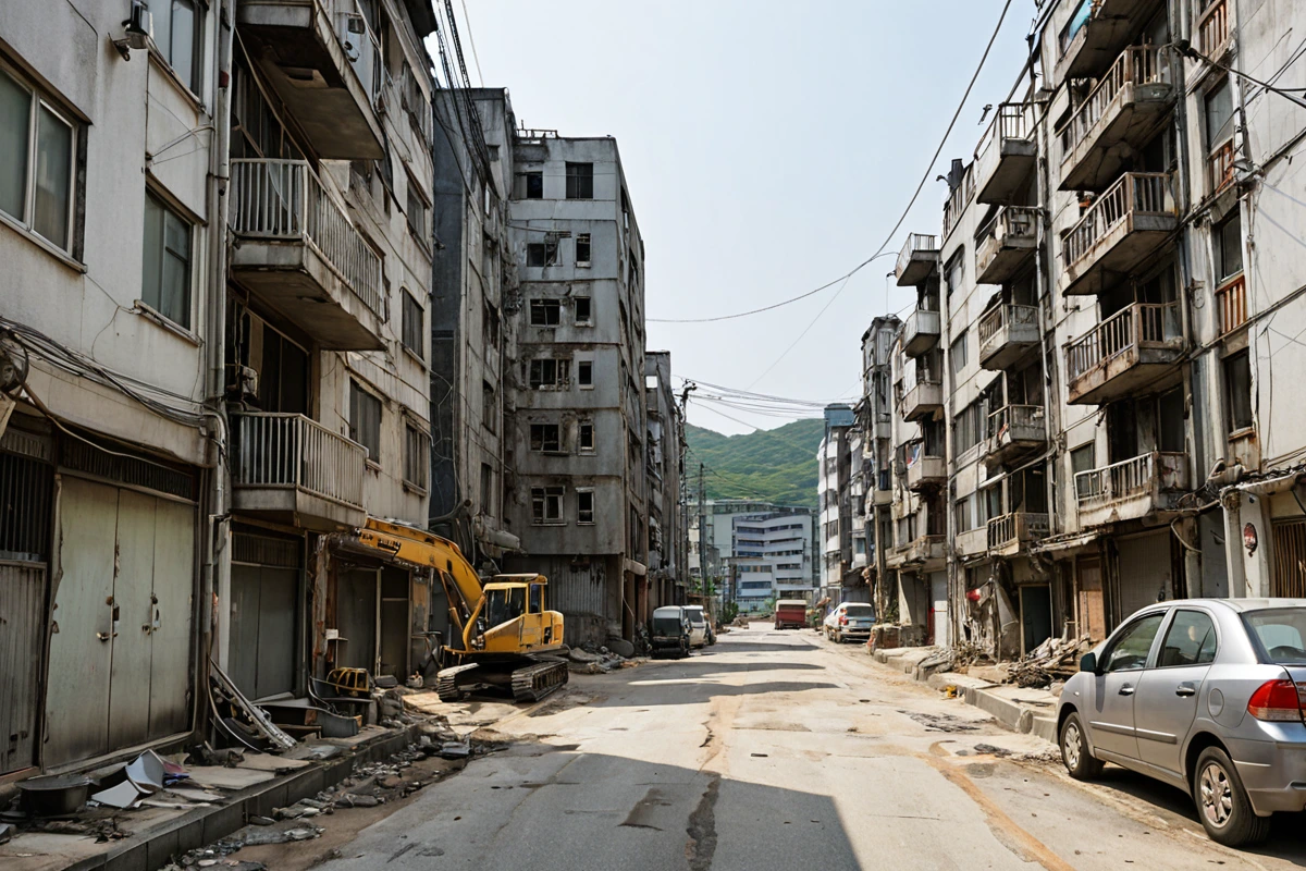 서울 봉천동 주택 지역의 좁은 도로와 주변 건물이 보이는 철거 현장. 좁은 도로를 따라 철거 장비가 주차 공간 부족으로 이동 중인 모습. 주변 건물의 노후한 외관과 철거 작업 중인