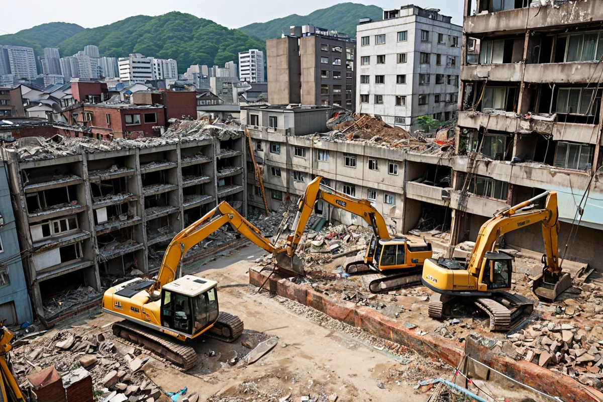 서울 봉천동 주택 철거 비용 산정 시 평수만으로 판단하는 오해를 보여주는 실제 사례, 구조적 특성과 노후화된 주택 외벽, 철거 장비가 배치된 현장의 구체적인 모습을 사실적으로 묘사