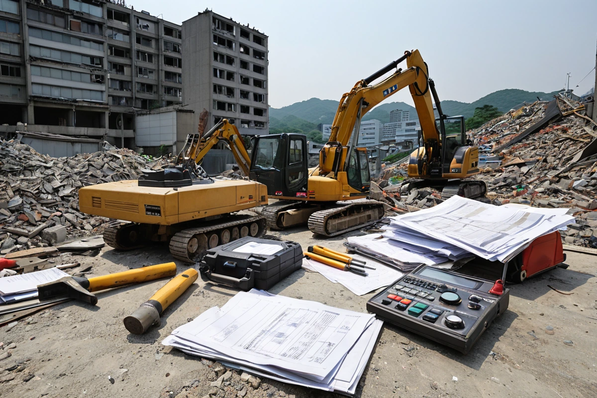 서울 봉천동 주택 철거 전 3단계 점검을 위한 전문 장비와 문서가 준비된 현장. 철거 업체의 정확한 비용 산정을 위한 철저한 점검 과정을 보여주는 장면.