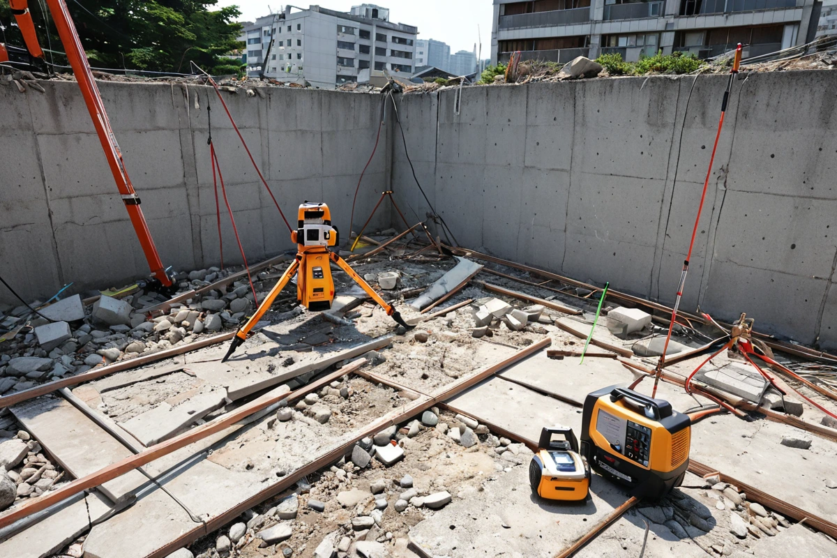 서울 봉천동 주택 철거 전 구조 점검을 위한 전문가 도구와 측정 장비가 놓인 철거 현장. 구조물의 손상 부위가 정확히 드러나며, 철거 작업 준비 중인 청소된 공간.