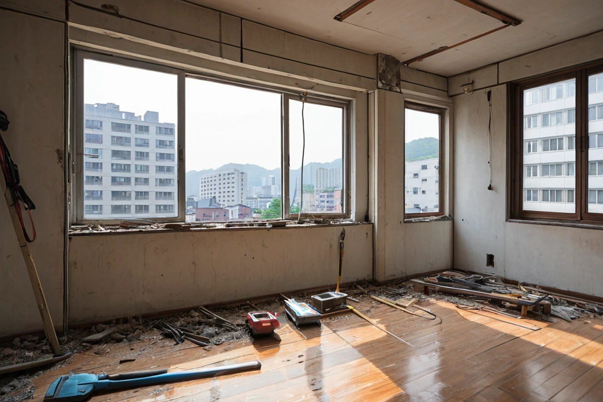 서울 봉천동 주택 철거 전 현장 점검 중, 철거 범위와 재료 종류를 확인하기 위한 측정 도구가 놓인 주택 내부, 철거 전 단계의 정리된 공간