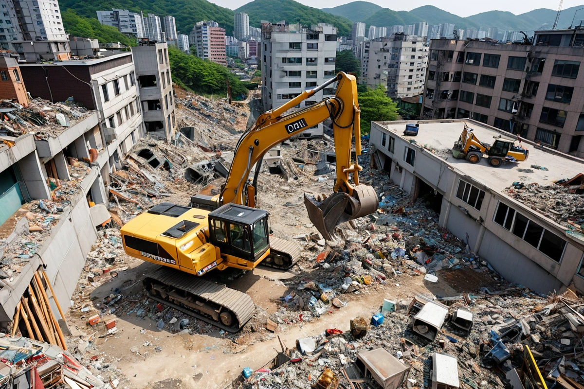 서울 봉천동 주택 철거 현장에서 건물의 크기와 구조에 따라 달라지는 철거 작업비를 보여주는 장면. 철거 중인 주택의 구조물과 철거 장비가 정확하게 보이는 촬영 각도로, 폐기물 처리
