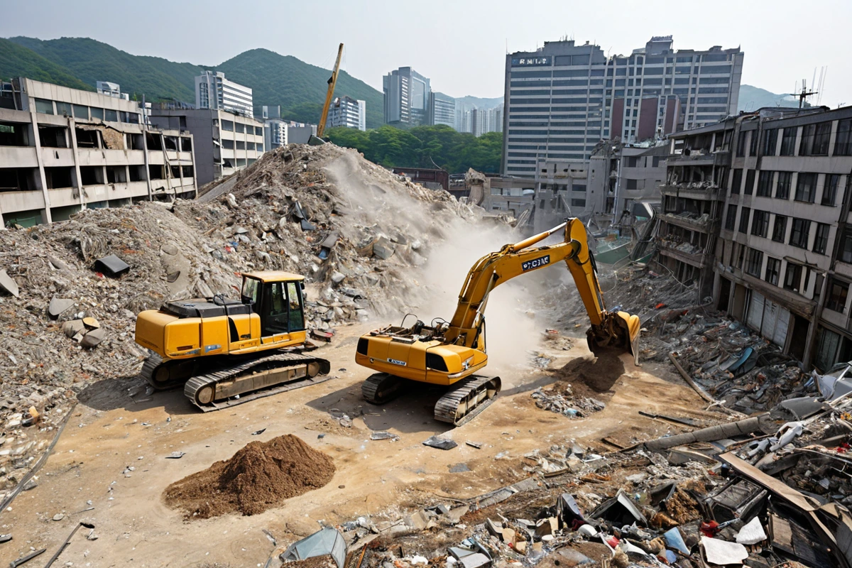 서울 봉천동 주택 철거 현장에서 구조물 제거 작업 중인 중장비와 철거된 건물 잔해가 정리된 모습, 폐기물 처리 장비가 배치된 배경, 먼지 관리용 방진막이 설치된 철거 현장의 자연스