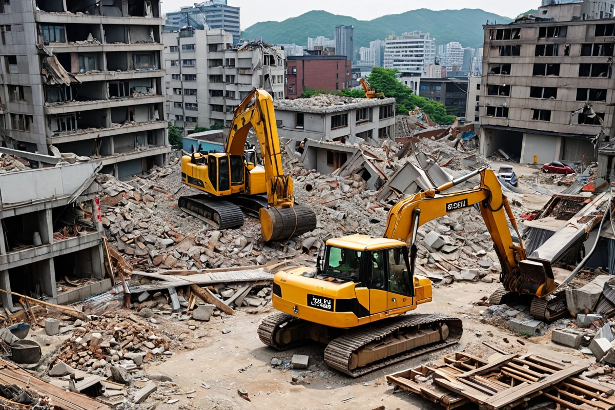 서울 봉천동 주택 철거 현장에서 구조물 철거 중인 중장비와 철거된 재료가 쌓여 있는 모습. 주택의 크기와 재질에 따라 철거 비용이 달라지는 것을 보여주는 현실적인 장면.