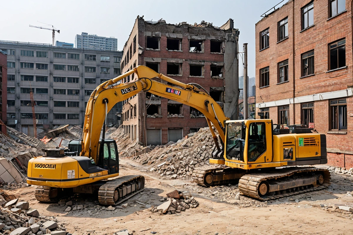 서울 봉천동 주택 철거 현장에서 구조적 안전성을 확인하는 철거 장비와 함께 낡은 벽돌 구조물이 보이는 현실적인 장면, 구조적 결함이 드러난 부분에 주목할 수 있는 세부 묘사
