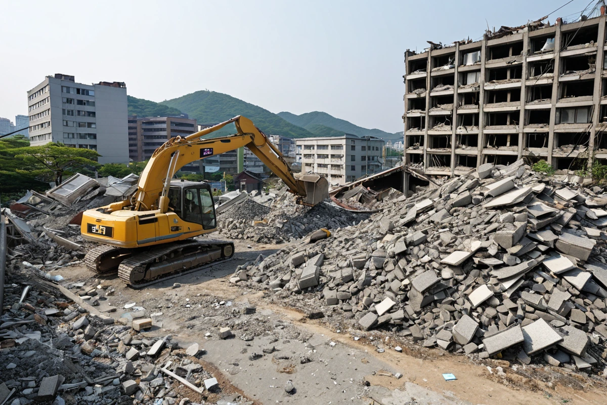 서울 봉천동 주택 철거 현장에서 벽체와 지붕 재료를 분석하는 장면. 석면과 아스팔트 재료가 담긴 폐기물이 정확히 분리된 채로 배치되어 있으며, 철거 작업 중인 건물의 구조가 드러나
