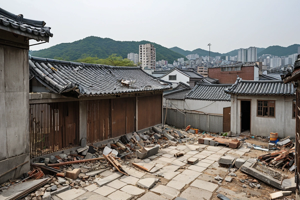 서울 봉천동 주택 철거 현장에서 수동 철거 도구가 놓인 장면, 경량 칸막이 철거 작업 중인 구조물과 철거 도구가 자연스럽게 배치된 모습, 배경으로 봉천동의 주택가가 보입니다.