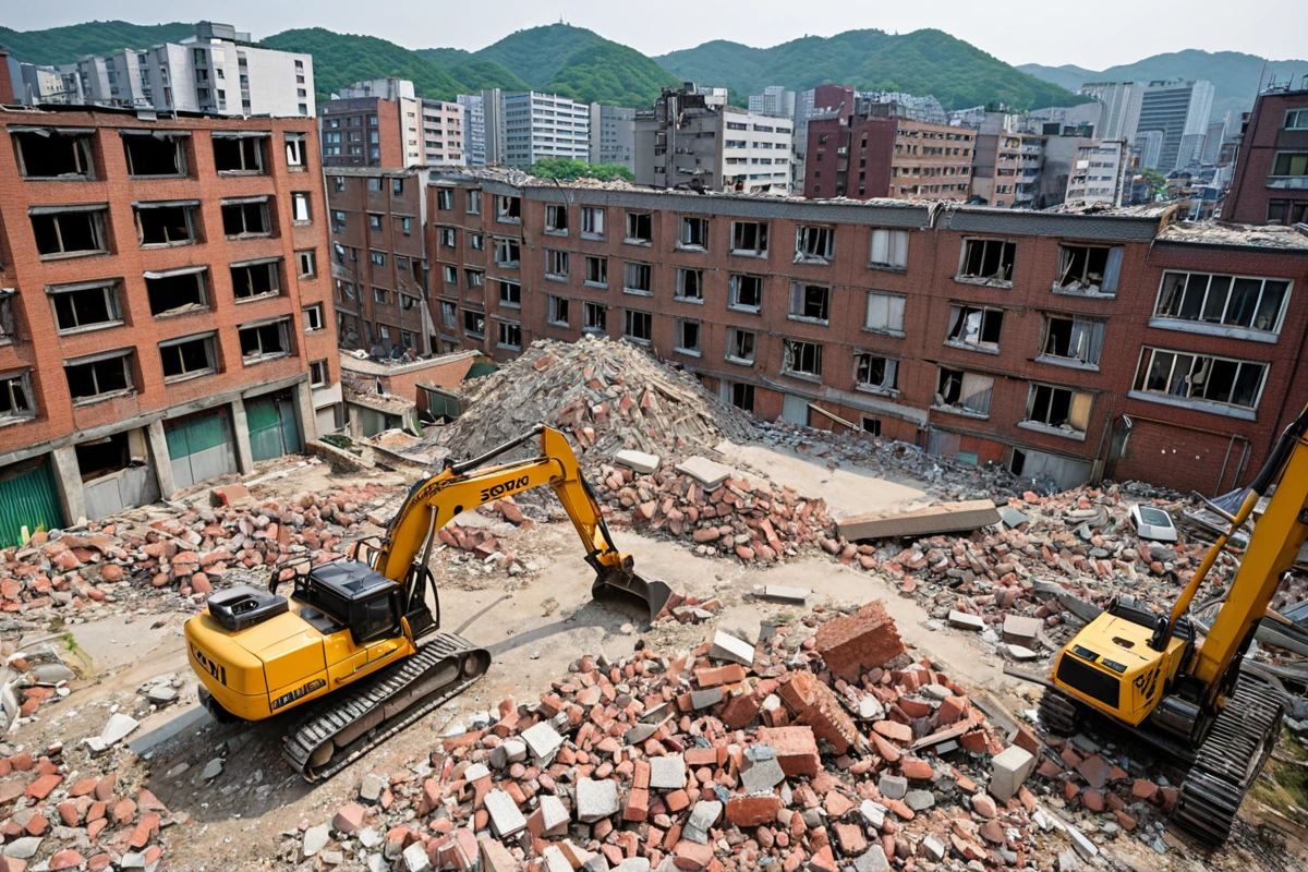 서울 봉천동 주택 철거 현장에서 수동 철거 장비가 주변 건물과 안전한 거리를 유지하며 철거 작업 중인 모습. 건물의 낡은 벽면과 철거 중인 구조물이 자연스럽게 배경으로 보인다.