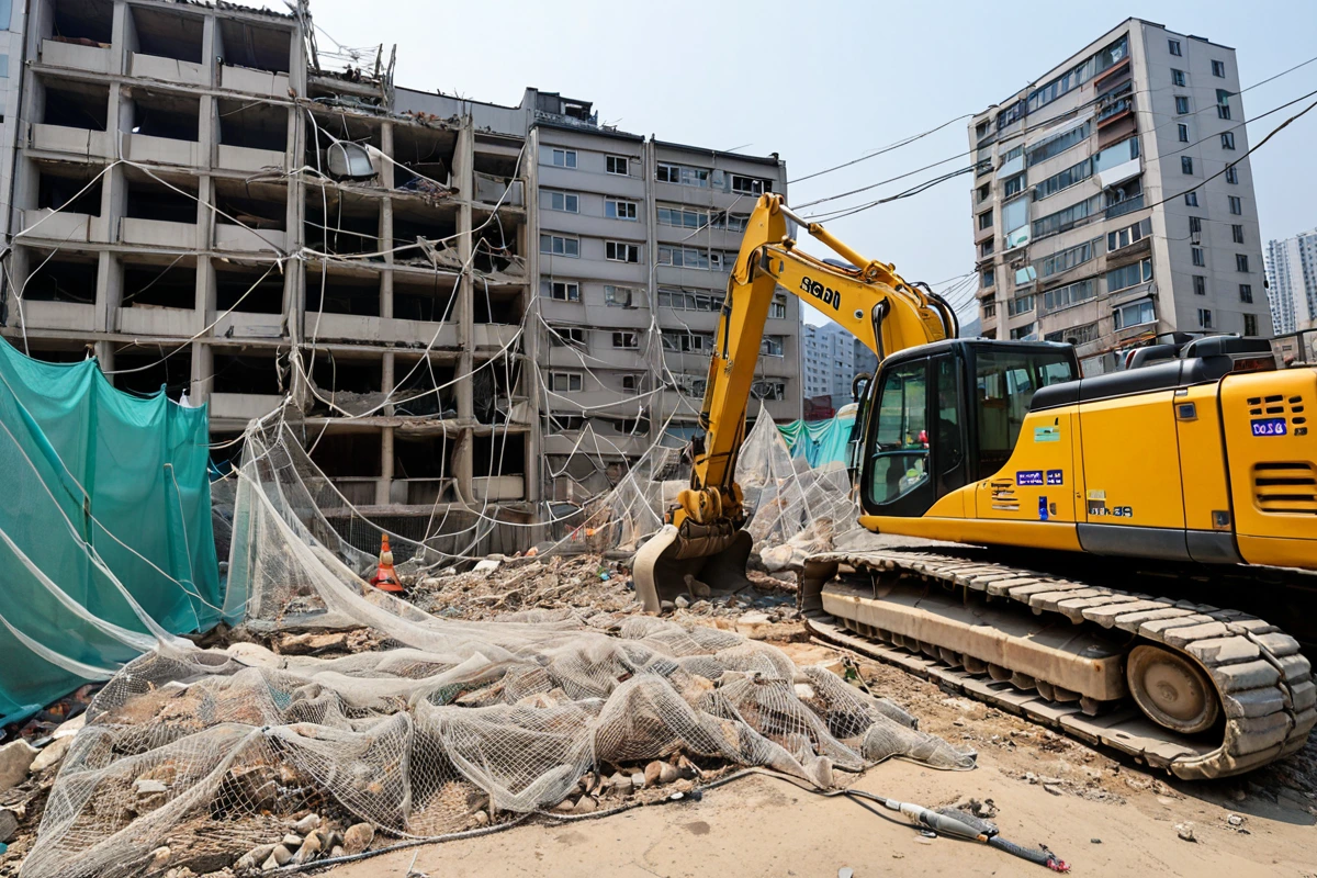 서울 봉천동 주택 철거 현장에서 안전 장비가 준비된 철거 장비와 주변 시설 보호를 위한 보호망이 설치된 모습. 철거 작업 전 구조 진단을 위해 건물 구조가 명확히 드러나는 실물 사