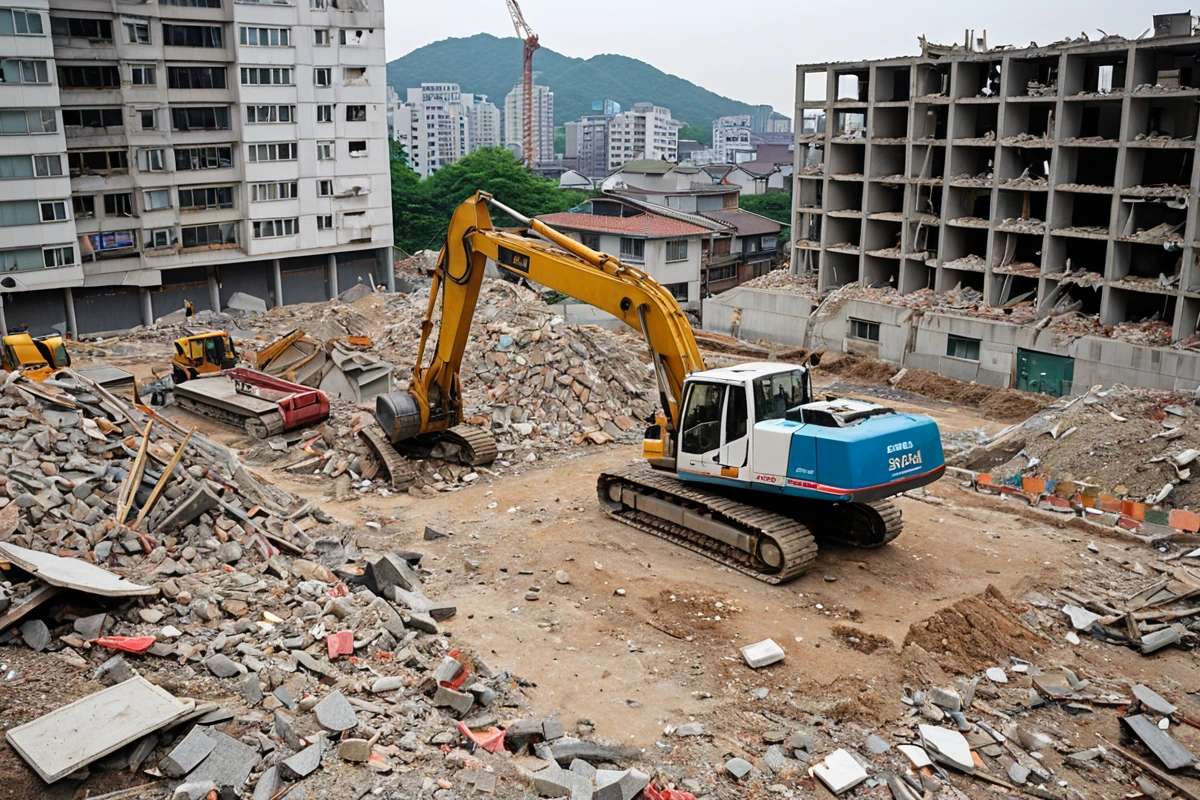 서울 봉천동 주택 철거 현장에서의 비용 비교를 위한 사진. 철거된 건물 잔해가 정리된 공간에 철거 업체의 비용 비교표가 테이블 위에 놓여 있는 모습. 건물 잔해와 철거 장비가 자연