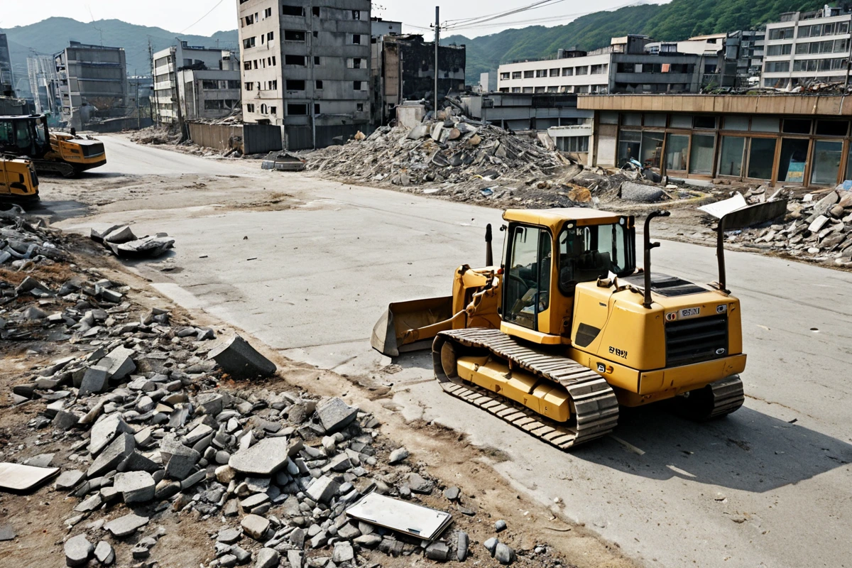 서울 봉천동 주택 철거 현장에서 전문가가 철거 계획서와 비용 검토 도구를 사용하는 장면, 철거된 건물 잔해와 정리된 도로가 보이는 사실적인 풍경