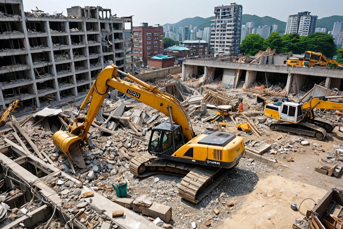 서울 봉천동 주택 철거 현장에서 전문업체가 안전 장비를 착용한 채 철거 작업을 진행하는 모습. 철거 중인 주택 내부의 구조물과 철거 장비가 정확히 정리된 상태로, 비전문업체가 단순