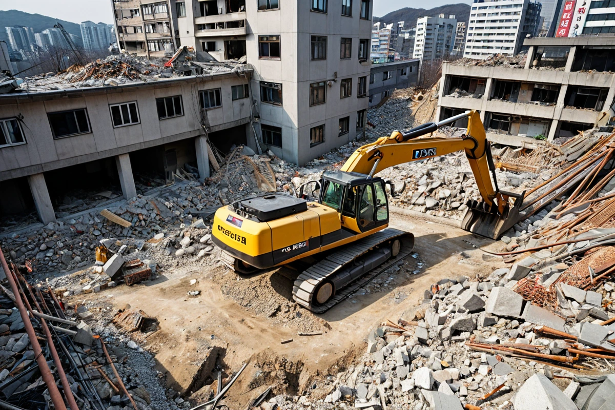 서울 봉천동 주택 철거 현장에서 전문업체의 철거 장비가 준비되어 있는 모습. 반면 DIY 철거 시도로 인한 잔해와 불안정한 구조물이 보이는 대비 장면.