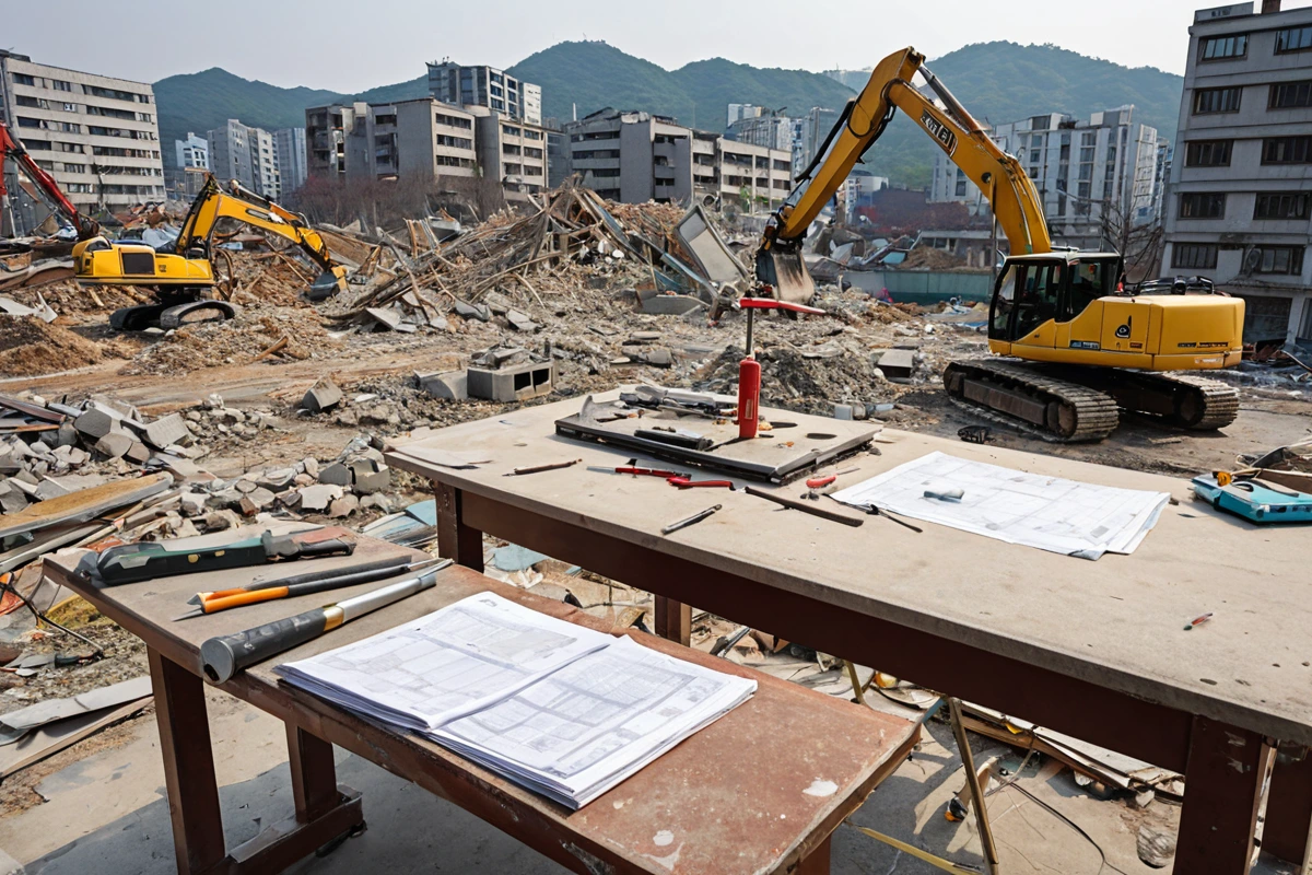 서울 봉천동 주택 철거 현장에서 전문 철거 업체의 현장 점검 장면, 구조 분석을 위한 정밀 측정 도구와 현장 분석 문서가 놓인 테이블, 철거 장비가 준비된 배경