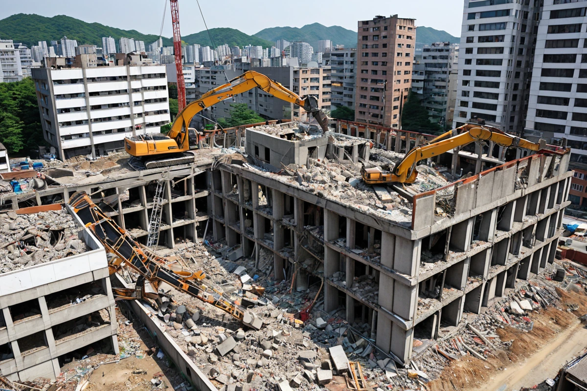 서울 봉천동 주택 철거 현장에서 전문 철거 장비가 철거 작업을 진행하는 모습. 구조물의 복잡한 구조를 정확히 파악하기 위해 철거 업체 직원이 장비를 조작하는 모습은 없으며, 철거 