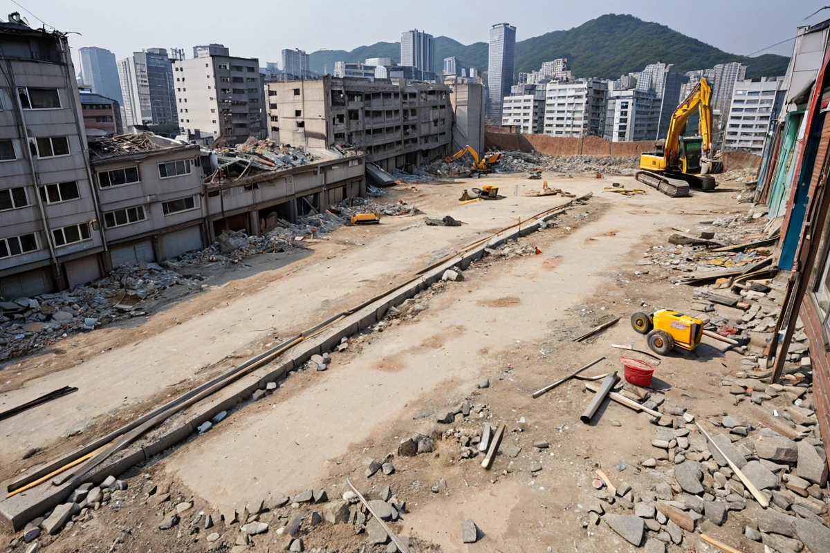 서울 봉천동 주택 철거 현장에서 주변 환경을 고려한 전문적인 점검을 진행하는 모습. 주변 건물과의 거리, 도로 상태 등을 확인하는 측정 도구가 놓인 철거 현장의 자연스러운 장면.