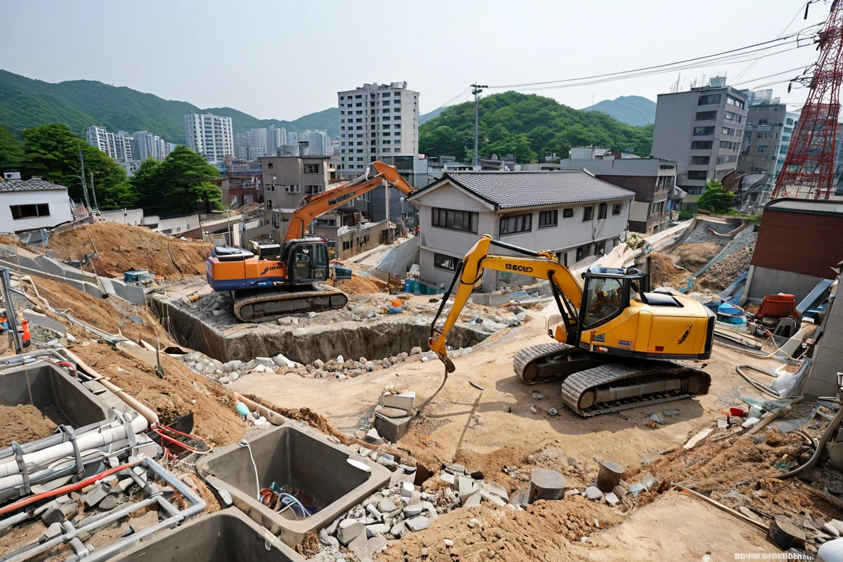 서울 봉천동 주택 철거 현장에서 지하수 배수 시스템을 확인하는 장비와 전기·가스 시설 이전을 위한 공사 현장의 정확한 모습. 철거 중인 주택의 구조물과 함께 추가 비용이 발생할 수