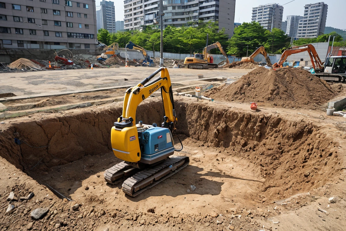 서울 봉천동 주택 철거 현장에서 지하수원과 전기·가스 시설을 확인하는 도구를 사용한 철거 전 점검 장면. 철거 전에 지하 수원과 전기·가스 시설을 점검하는 도구가 놓여 있는 모습.