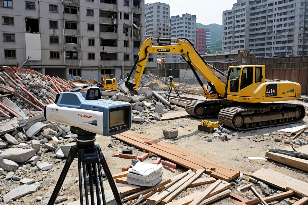 서울 봉천동 주택 철거 현장에서 철거 계획 수립을 위한 구조 분석 도구를 사용하는 장면. 철거 전 사전 점검을 위해 건물 구조를 분석하는 레이저 스캐너와 측정 도구가 정리되어 있는