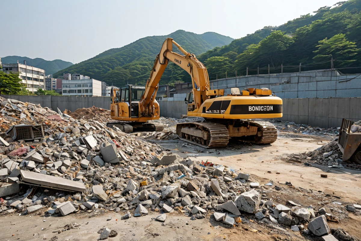 서울 봉천동 주택 철거 현장에서 철거된 건물 잔해와 철거물 처리 차량이 정리된 모습, 철거 후 환경 보호를 위한 철망 설치가 보이는 자연스러운 철거 현장