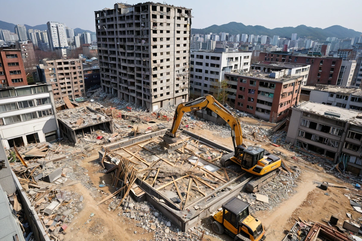 서울 봉천동 주택 철거 현장에서 철거 업체가 구조 분석을 수행 중인 장면. 철거 전 구조적 특성을 파악하기 위해 현장에서 측정 도구를 사용하는 모습을 보여줍니다.