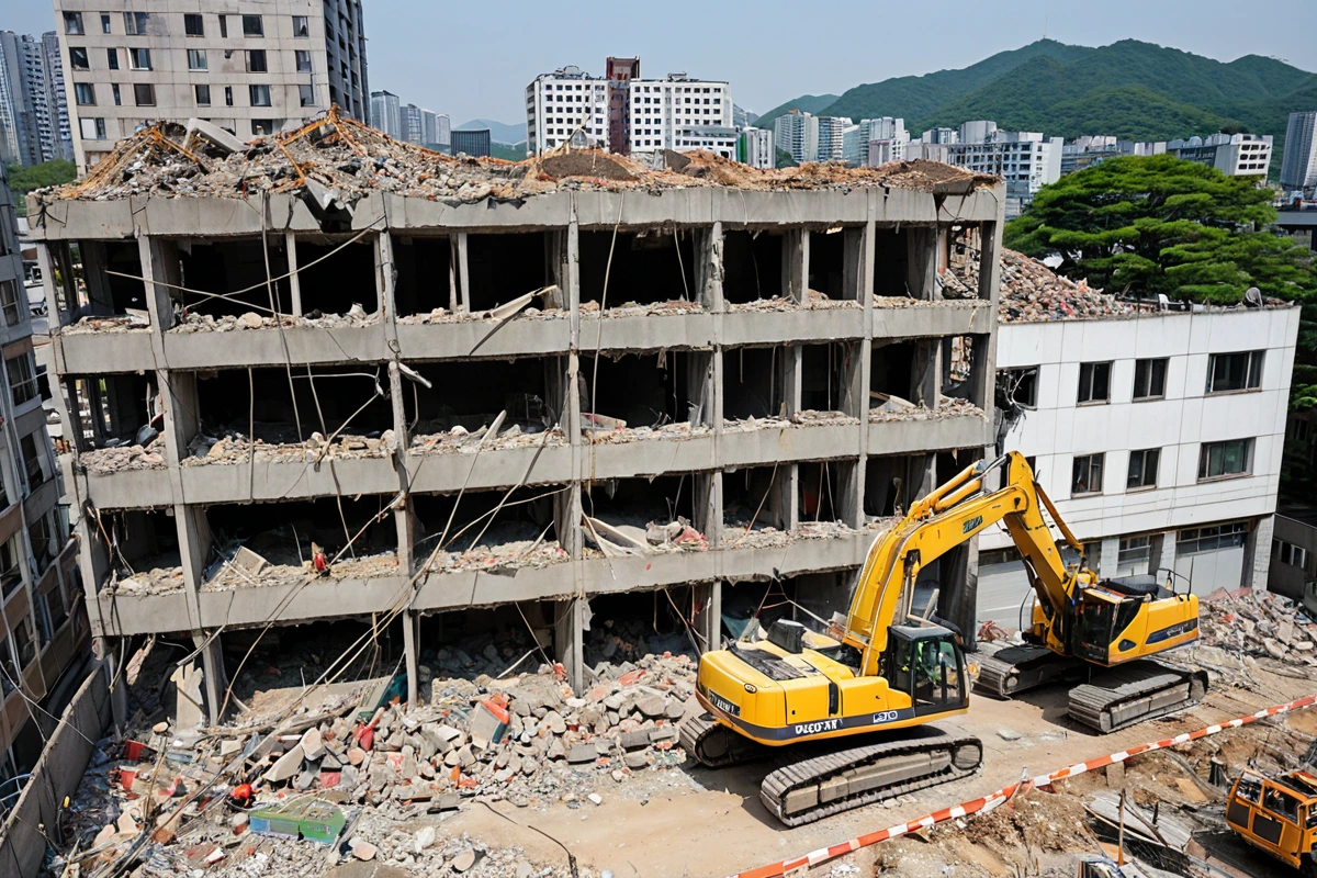 서울 봉천동 주택 철거 현장에서 철거 업체 직원이 현장 조사를 위해 측정 도구를 사용하는 모습. 구조적 손상이 있는 주택 외벽과 철거 장비가 배경으로 보인다.