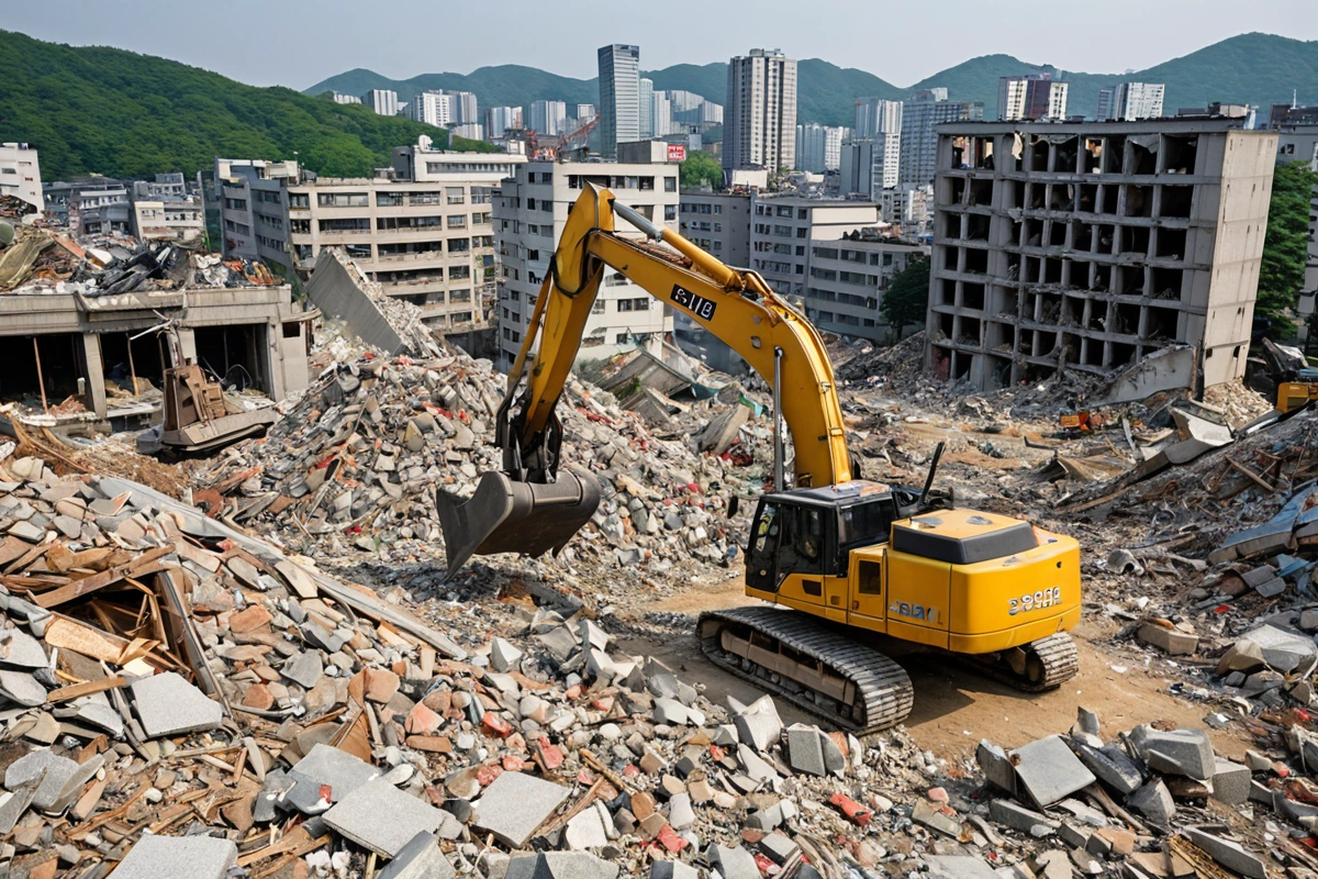 서울 봉천동 주택 철거 현장에서 철거 작업 중인 장비가 보이는 장면. 철거된 건물 잔해와 정리된 폐기물이 배경에 배치되어 있으며, 철거 작업의 구조를 보여주는 자연스러운 현장 사진