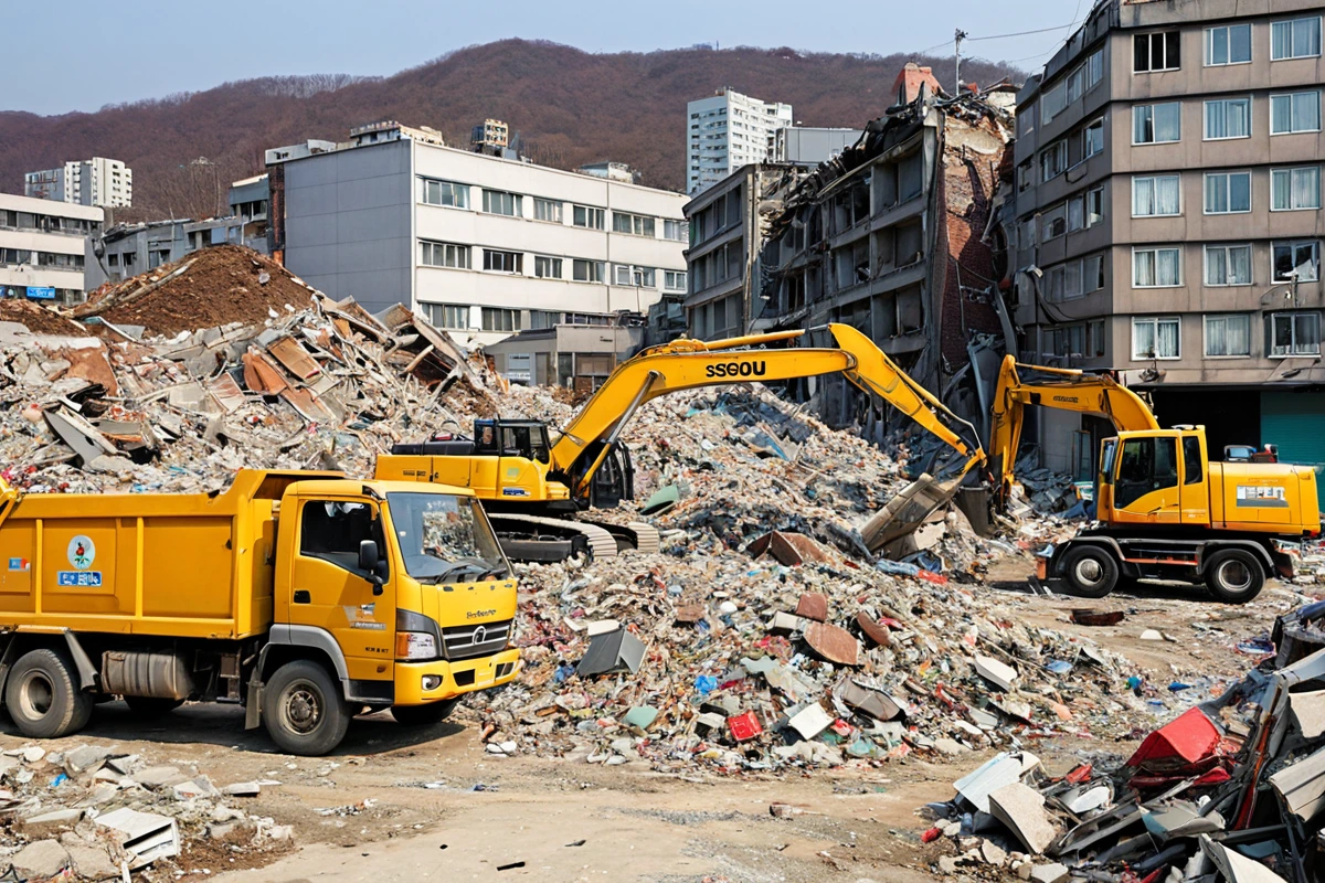 서울 봉천동 주택 철거 현장에서 철거 작업 중인 장비가 철거 작업비, 폐기물 처리를 위한 차량이 배치된 모습. 건물 잔해와 철거된 구조물이 정리된 배경.