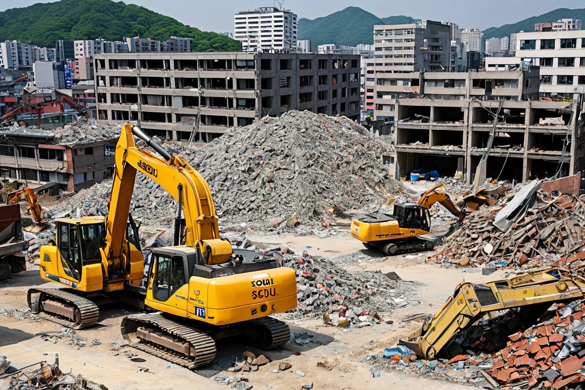 서울 봉천동 주택 철거 현장에서 철거 작업 중인 장비와 구조물의 분해 모습, 인건비, 장비비, 처리비 비율을 나타내는 간결한 차트가 배경에 투명하게 표현된 실물 사진