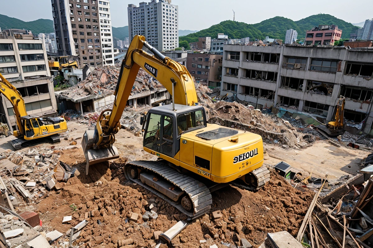 서울 봉천동 주택 철거 현장에서 철거 작업 중인 중장비가 흙과 잔해를 처리하는 모습. 건물 잔해와 철거 장비가 자연스럽게 배치된 철거 현장의 정면 각도로 촬영된 사진.