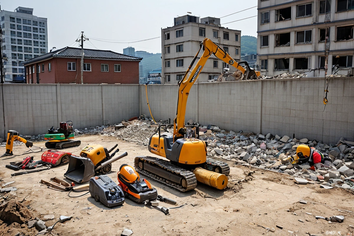 서울 봉천동 주택 철거 현장에서 철거 장비가 정리된 상태로, 전기 및 가스 시설이 복잡하게 연결된 벽면이 보이는 장면. 철거 전 점검을 위한 철거 업체의 작업 도구와 안전 장비가