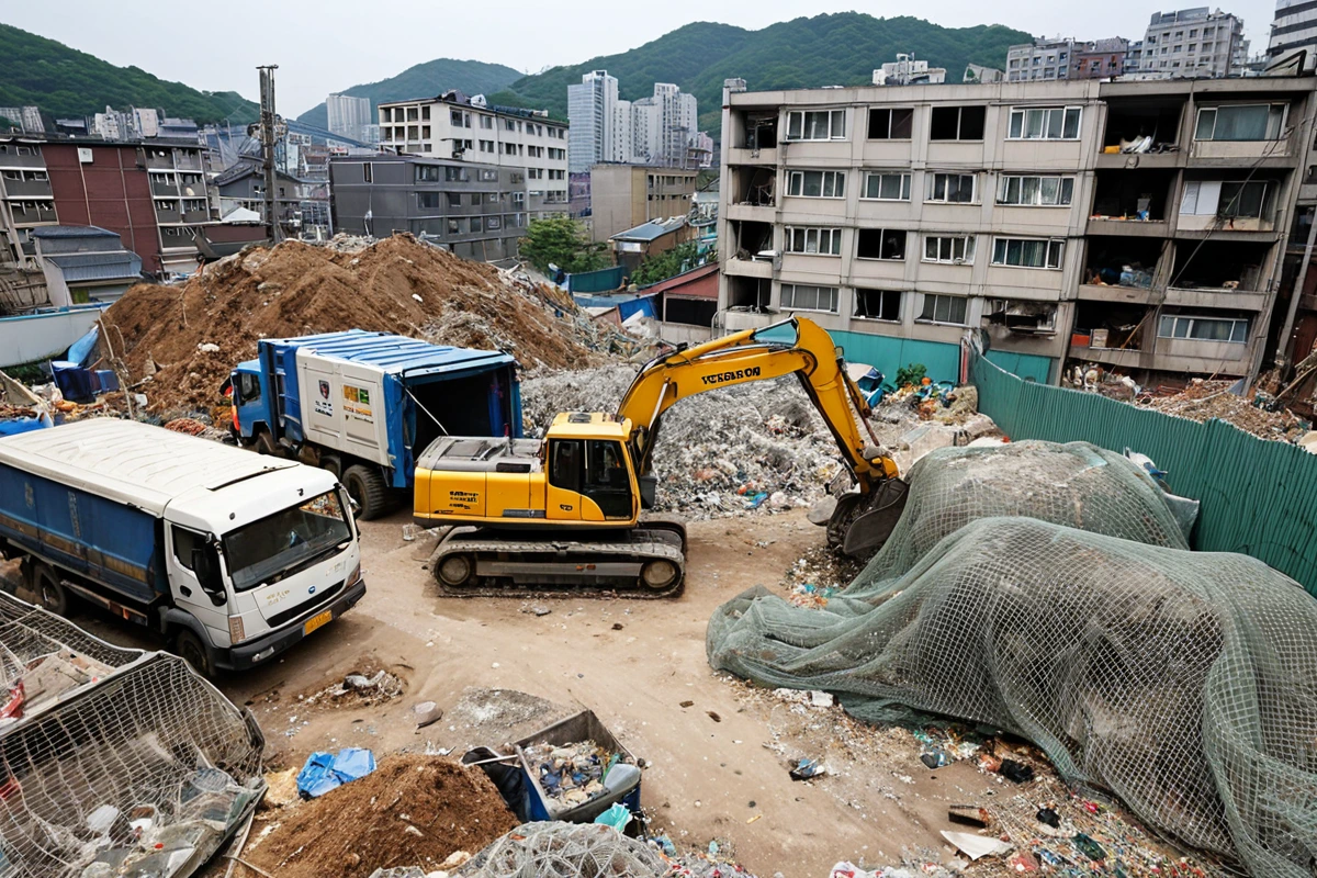 서울 봉천동 주택 철거 현장에서 철거 장비가 주변 건물 보호를 위해 설치된 방호망을 둘러싼 모습. 폐기물 수거 차량이 주변에 주차되어 있는 현실적인 철거 현장 분위기.
