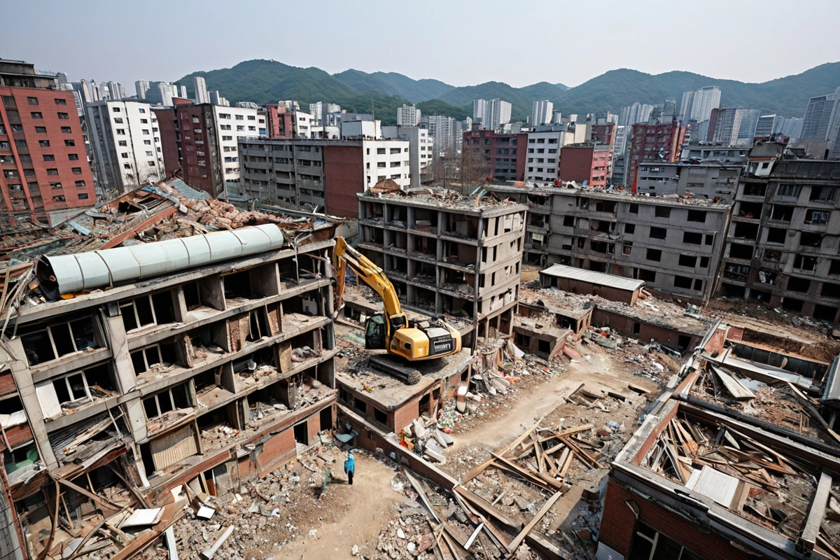 서울 봉천동 주택 철거 현장에서 철거 전 정확한 점검을 위한 구조물 분석 장면. 구조물의 재료와 상태를 확인하는 측정 도구가 놓여 있는 모습. 주변에는 다양한 연식의 주택이 보이며