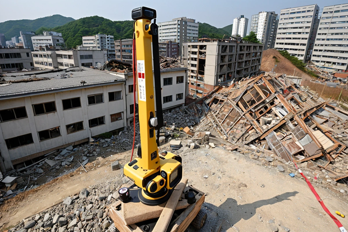 서울 봉천동 주택 철거 현장에서 철거 전 현장 점검을 하는 전문가의 도구와 함께 철거 면적 측정 장비가 정확히 배치된 모습. 건물 구조와 유해 물질 처리를 위한 표시가 있는 철거