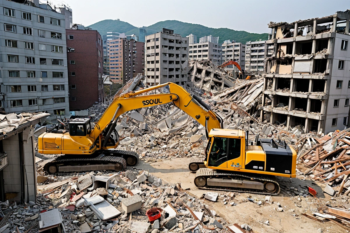 서울 봉천동 주택 철거 현장에서 철거 중인 구조물과 철거 장비가 정리된 모습. 복잡한 구조의 주택 철거 현장에서 철거 장비가 주변 구조물과 조화를 이룬 채 철거 작업이 진행 중인