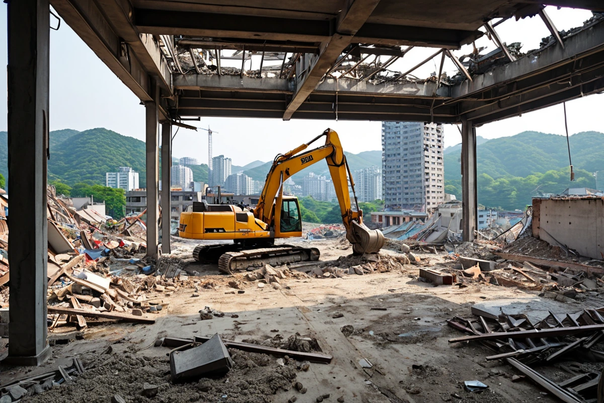 서울 봉천동 주택 철거 현장에서 철거 중인 철골 구조 건물의 내부 구조를 보여주는 사진. 철거 작업 중인 장비와 철거된 재료가 정리된 흙바닥이 보입니다.