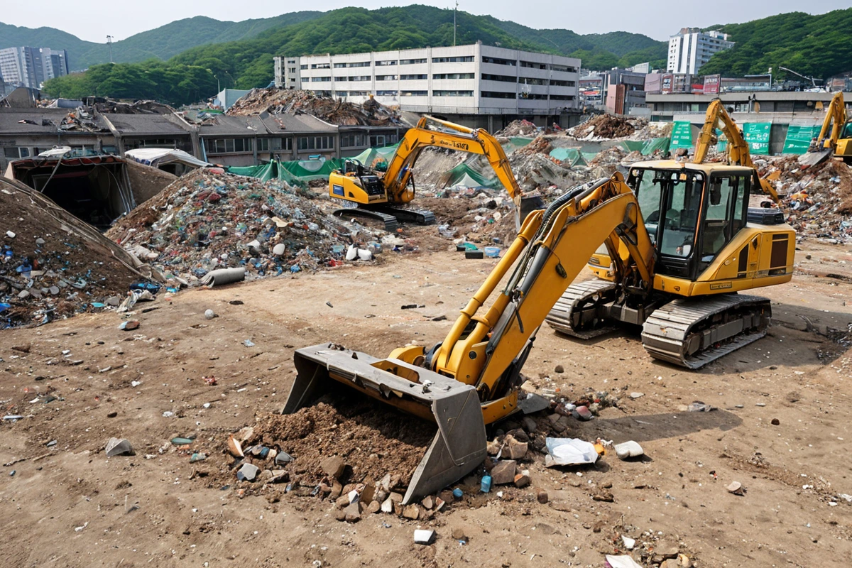 서울 봉천동 주택 철거 현장에서 흙과 쓰레기 처리 장비가 정리된 모습. 철거된 바닥재와 함께 환경 보호를 위한 천막이 설치된 배경.