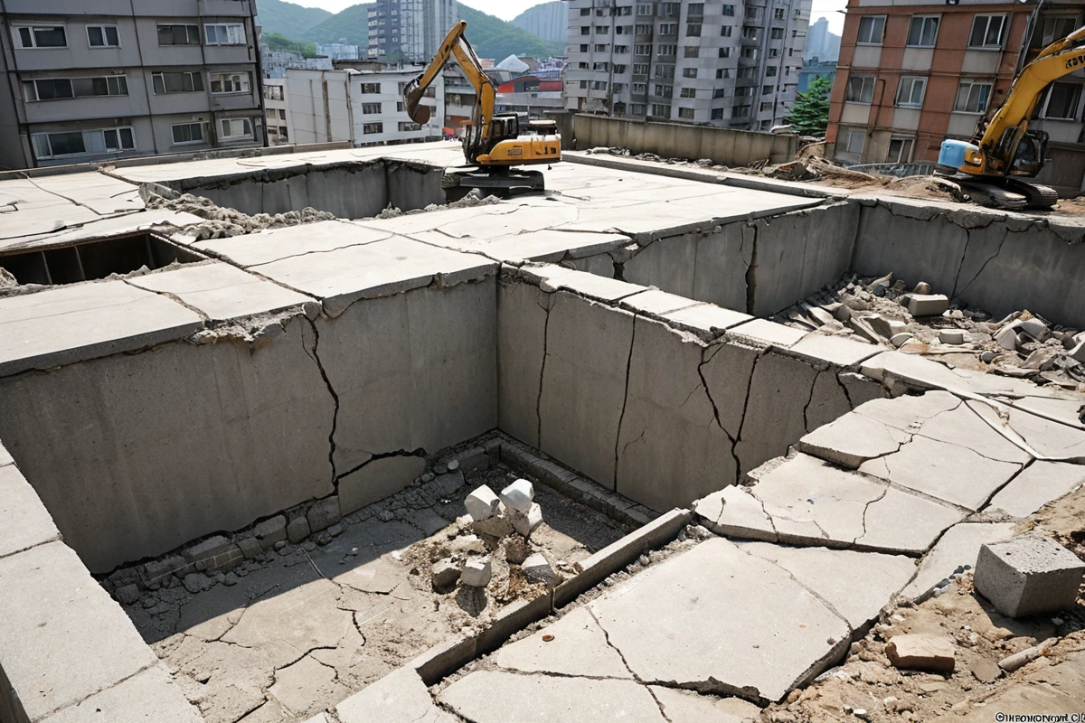 서울 봉천동 주택 철거 현장의 구조적 결함 점검 장면, 건물 기초 부분의 균열과 손상된 콘크리트 표면을 포착한 근접 촬영. 안전 장비가 준비된 공터에서 구조적 안전성을 확인하는 상