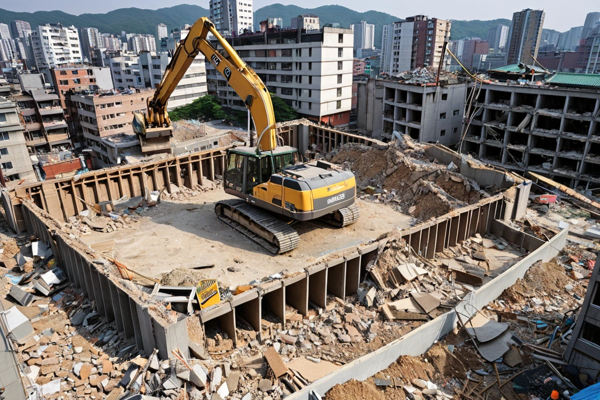 서울 봉천동 주택 철거 현장의 인건비 관련 장면, 철거 작업 중인 전문 장비와 철거된 구조물의 단면이 보이는 사실적인 사진. 건물의 구조적 특징과 철거 과정에서 필요한 기술적 요소