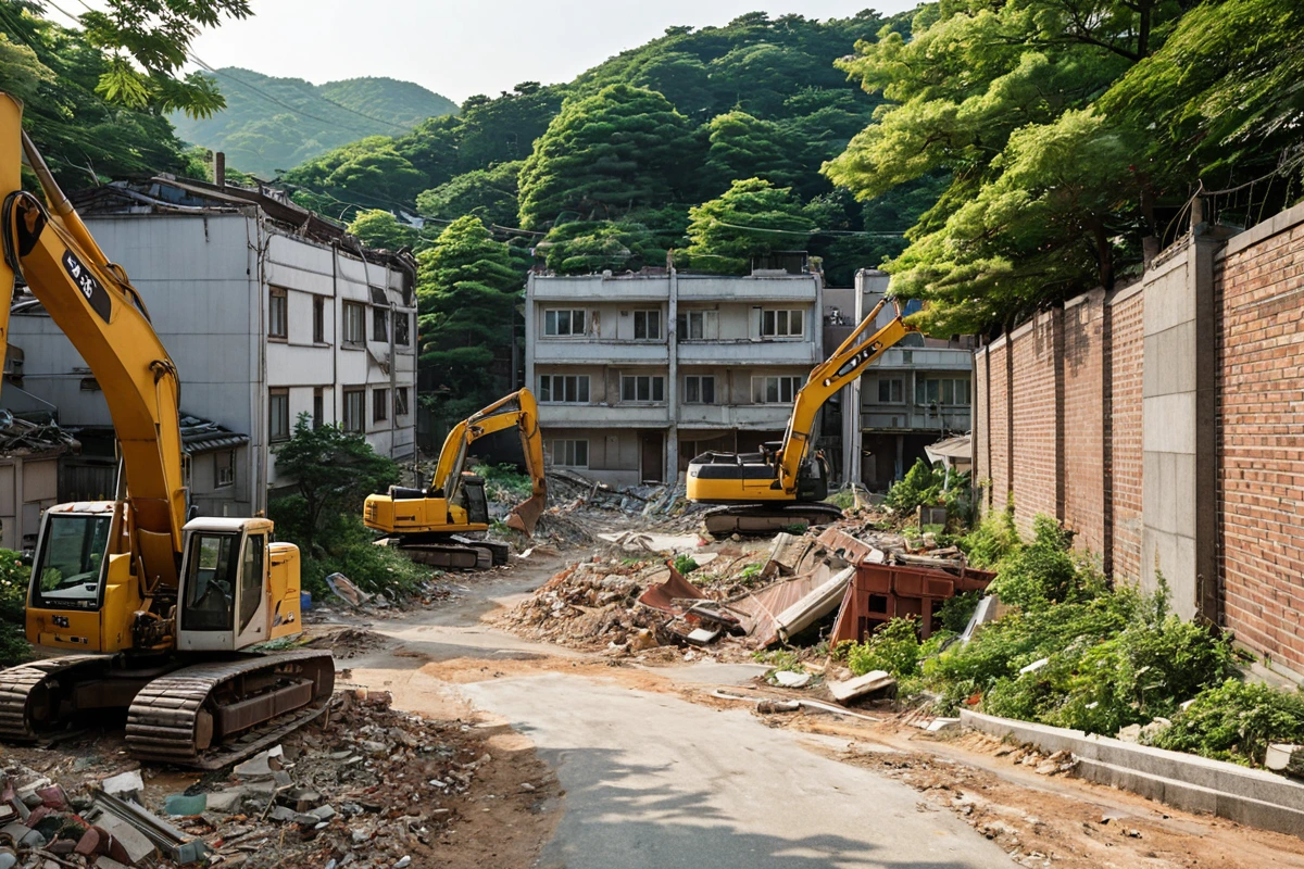 서울 봉천동 주택 철거 현장의 주변 주거지역. 철거 중인 건물과 이웃 주택 간의 거리가 보이는 평화로운 주거지 풍경, 철거 작업 시간 제한 표시가 달린 간단한 표지판이 보이지 않는