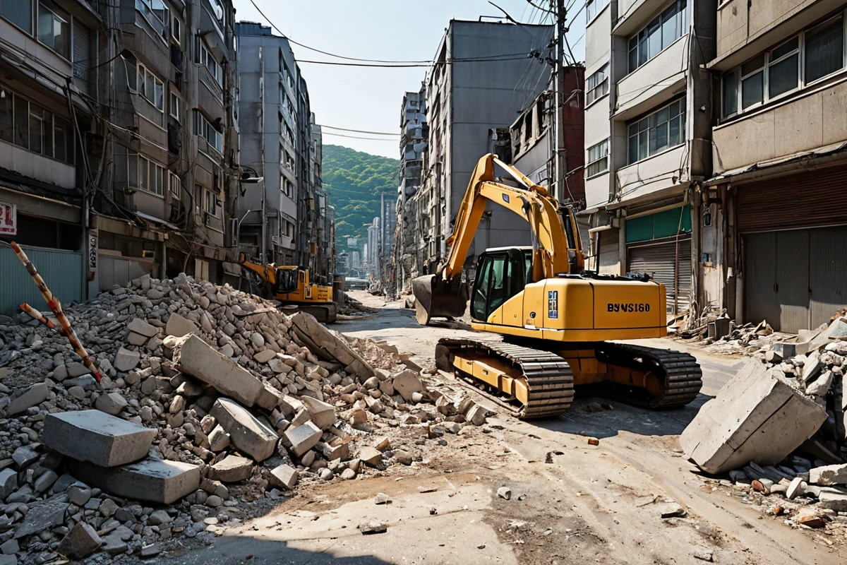 서울 봉천동 주택 철거 현장, 주변 건물이 밀집한 도로 위에서 철거 작업 중인 철거 장비와 철거된 건물 잔해가 정리된 모습. 철거 장비의 안전 장치가 잘 보이는 상세한 모습.
