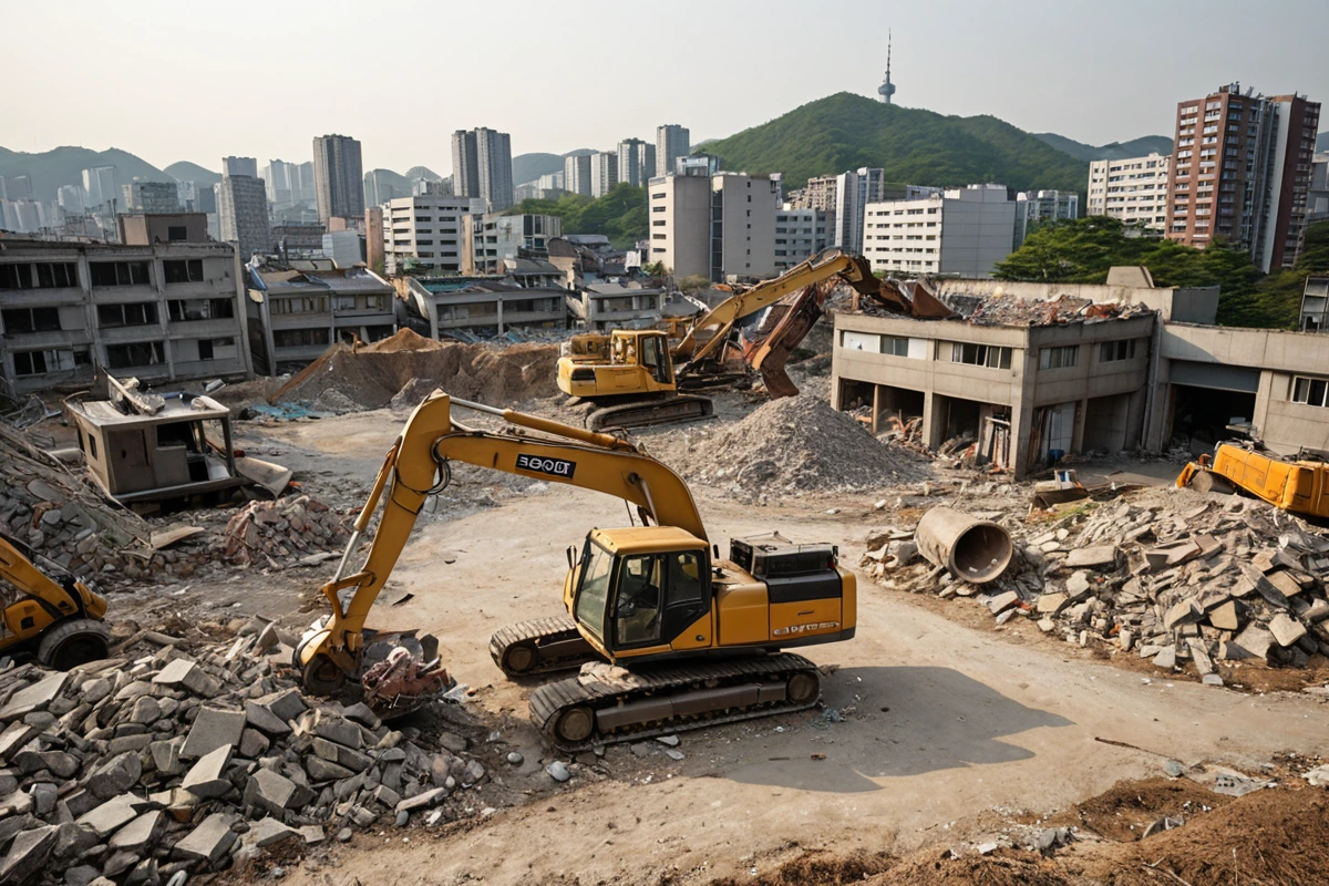 서울 봉천동 주택 철거 현장 주변에 위치한 신뢰할 수 있는 철거 업체의 간판이 없는 공사 현장, 철거된 잔해와 철거 장비가 정리된 공간의 자연스러운 풍경
