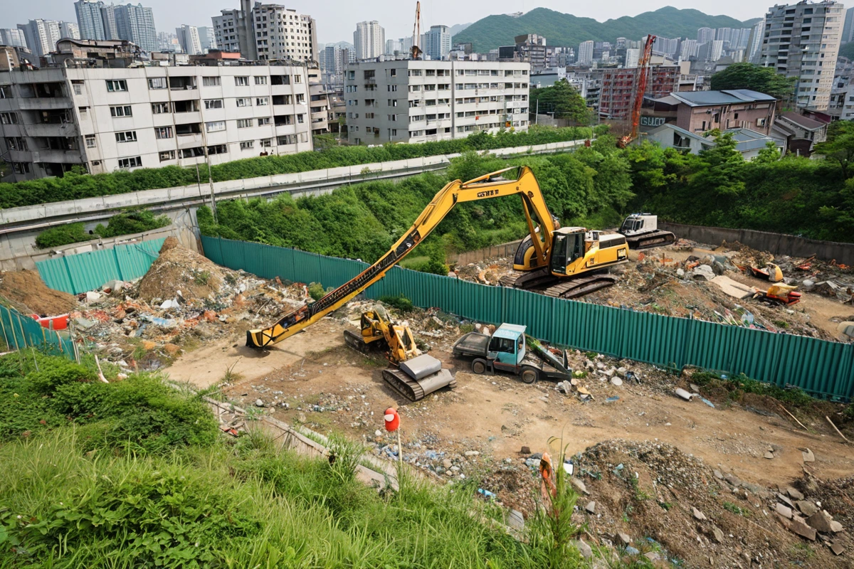 서울 봉천동 주택 철거 현장 주변의 주민 거주 지역과 철거 작업 중 소음 차단을 위한 일시적 장벽이 설치된 장면, 철거 장비가 정지된 상태로 주변 환경이 조용한 모습
