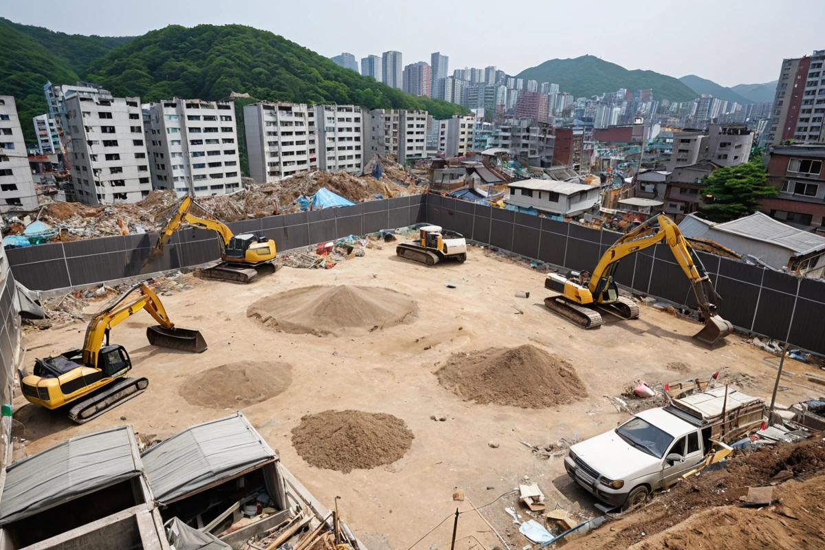 서울 봉천동 주택 철거 현장 주변, 주민들의 생활 공간과 조화를 이룬 철거 작업 중 소음과 먼지를 방지하기 위해 설치된 방진 천막과 철거 장비가 조화롭게 배치된 모습.