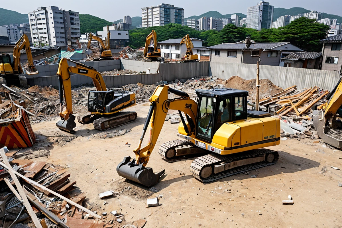 서울 봉천동 주택 현장에서 전문 철거 업체의 장비가 정확히 배치된 모습. 현장 점검을 위한 측정 도구와 철거 계획서가 테이블 위에 놓여 있는 사실적인 장면.