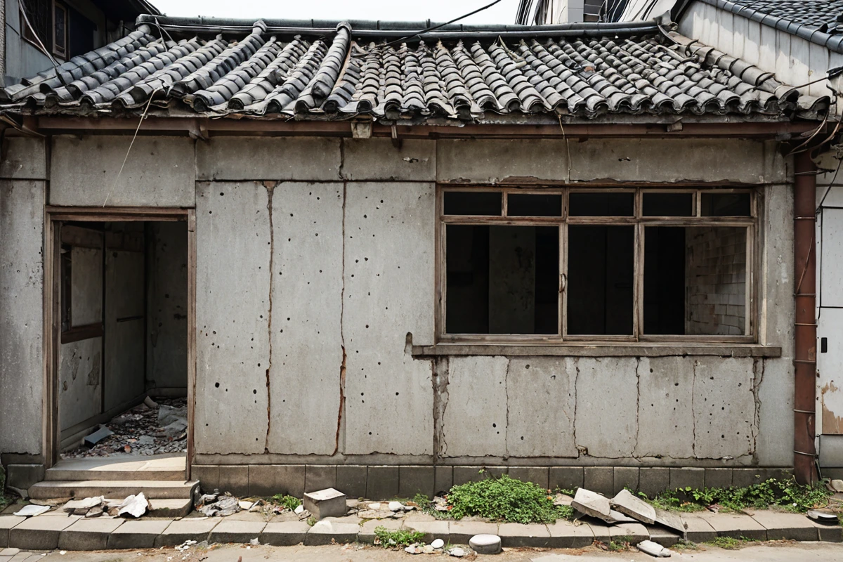 서울 봉천동 주택 현장에서 철거 전 구조와 재질을 확인하는 장면, 철거 전문가가 측정 도구로 구조를 점검하는 모습 없이, 건물 외벽과 지붕의 재질, 손상 정도를 드러낸 촬영된 사진