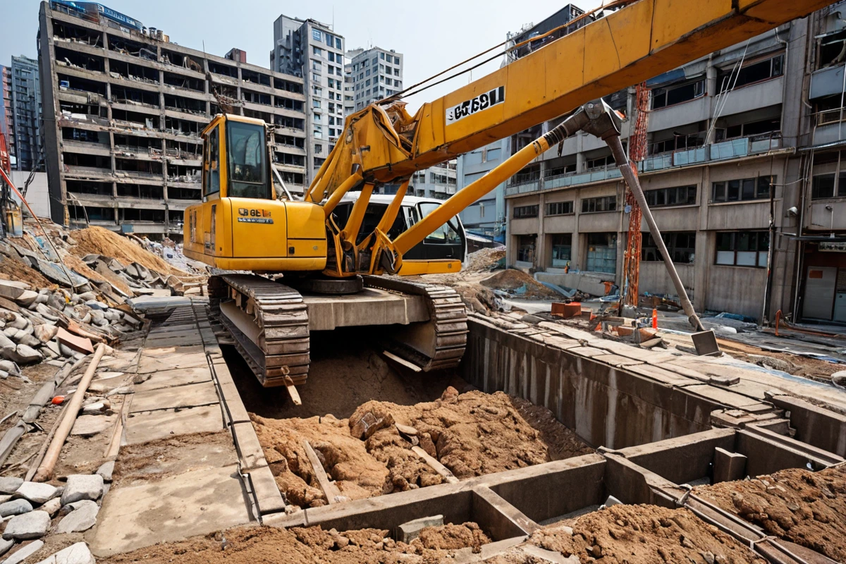 서울 봉천동 지반 약한 구역에서 철거 작업 중인 장비와 구조물 안정화를 위한 보강재 설치 현장, 철거 과정의 안전을 강조하는 사실적인 장면