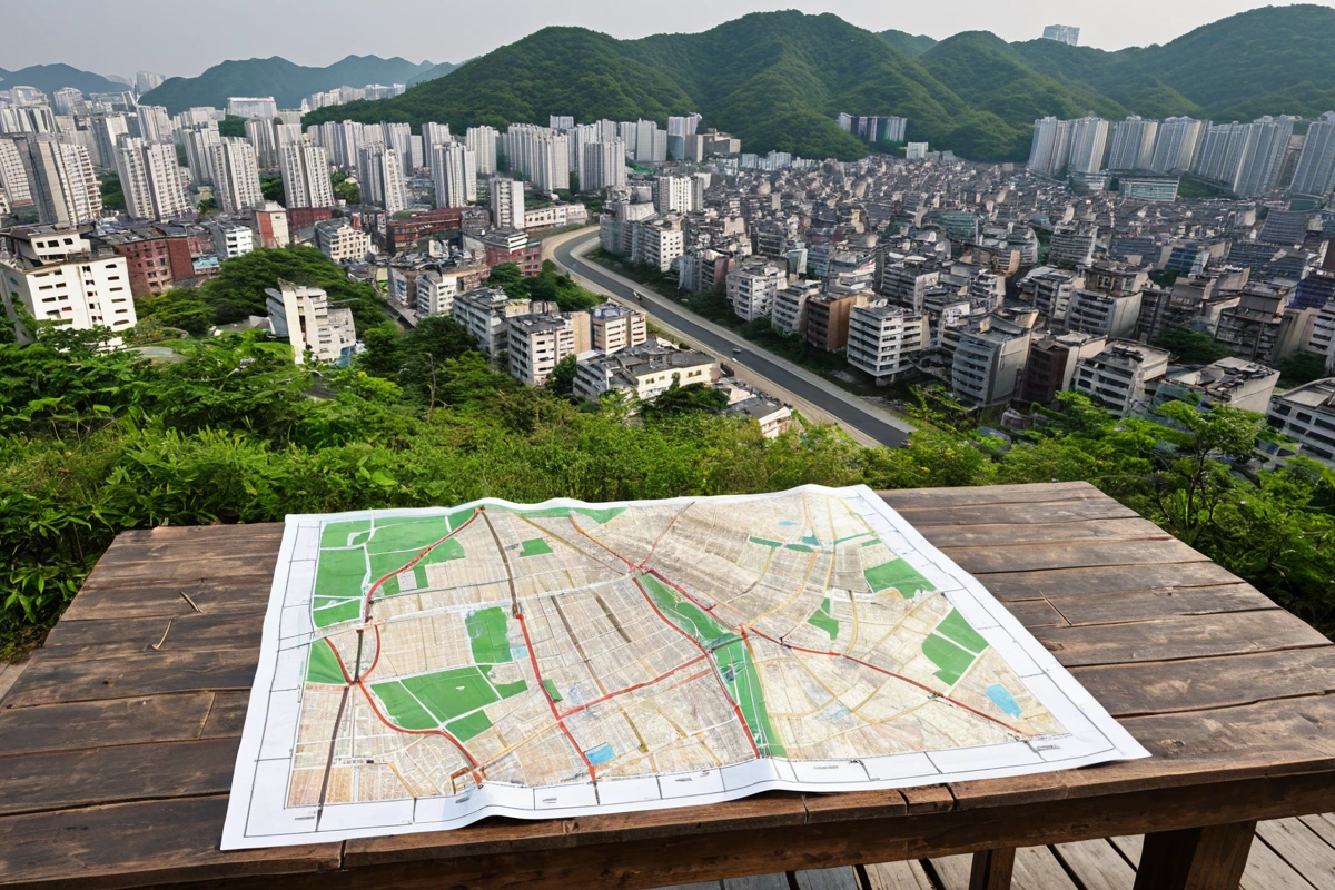 서울 봉천동 지역에서 철거 작업 계획 수립을 위한 구조물 상태 점검 문서와 지도가 펼쳐진 모습. 주변에는 주거지역의 건물들이 보이며, 철거 예정 구역의 경계선이 표시된 지도가 눈에