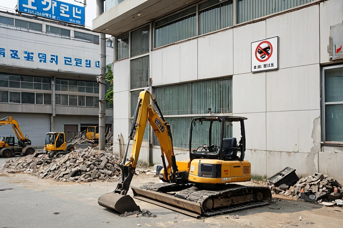 서울 봉천동 지역의 정식 철거 업체 사무실 외부, 철거 자격증이 부착된 간판과 철거 장비가 정리된 주차 공간이 보이는 현실적인 풍경