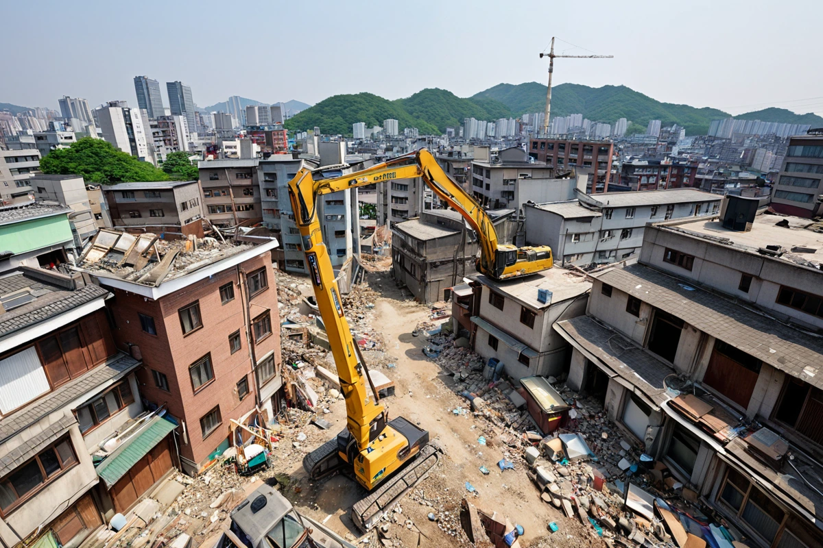 서울 봉천동 지역의 주택 철거 비용 산정을 위한 정확한 측정과 분석을 보여주는 현장. 구조적 상태와 환경 규제 준수 여부를 확인하는 도구와 문서가 배경에 자연스럽게 배치된 모습.